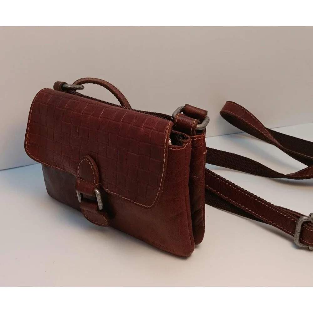 Vintage Jack Georges Brown Leather Crossbody Bag – Woven Embossed Flap Shoulder
